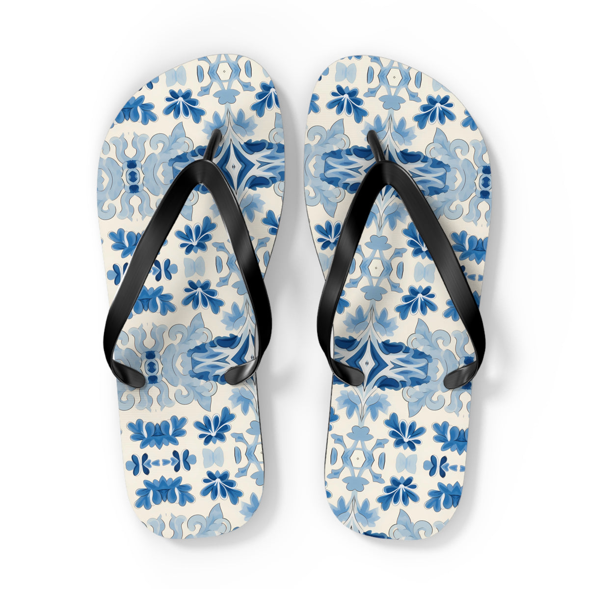 Blue Spanish Tile Flip Flops. 5/8" Thick Comfortable Summer or Winter Gym/Sauna Footwear for Men and Women.