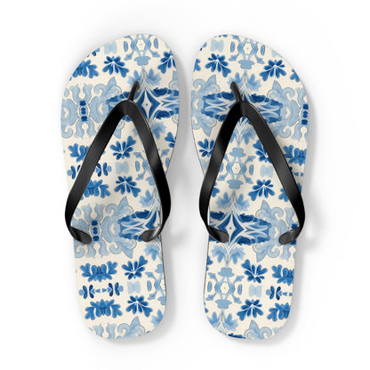 Blue Spanish Tile Flip Flops. 5/8" Thick Comfortable Summer or Winter Gym/Sauna Footwear for Men and Women.