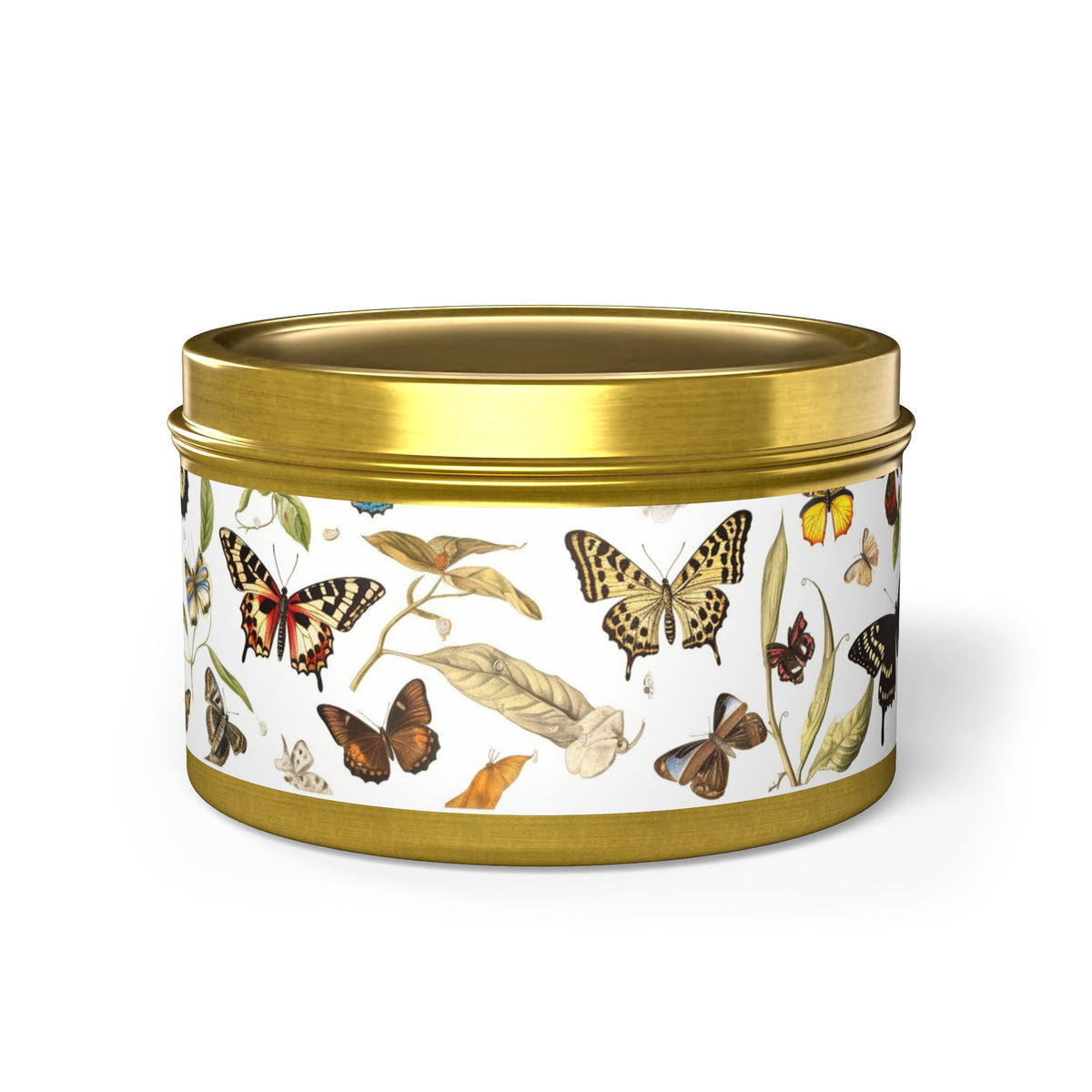 Botanical Butterflies Tin Candle. Flutter into Serenity with Botanical Butterflies. Available in 2 sizes, 3 finishes, and 5 scents.