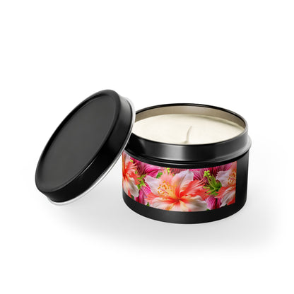 Tropical Hibiscus Bloom Tin Candle. Breathe in Paradise - Where Every Flame Dances with Floral Harmony. Available in 2 sizes, 3 finishes, and 5 scents.