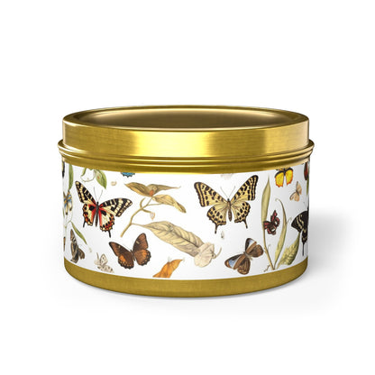Botanical Butterflies Tin Candle. Flutter into Serenity with Botanical Butterflies. Available in 2 sizes, 3 finishes, and 5 scents.