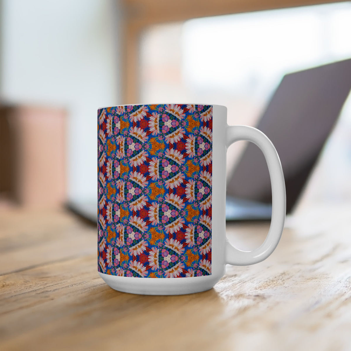 Geometric Blossom Ceramic Mug - 15 oz - Art on Every Side, Morning Approved.