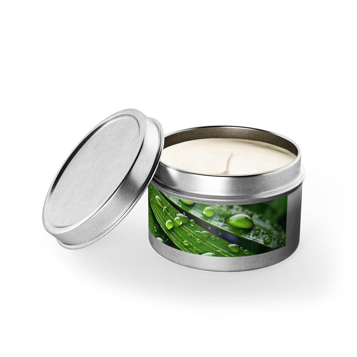 Tranquility Palm Tin Candle. Serenity in Every Spark - Embrace Nature's Calm. Available in 2 sizes, 3 finishes, and 5 scents.