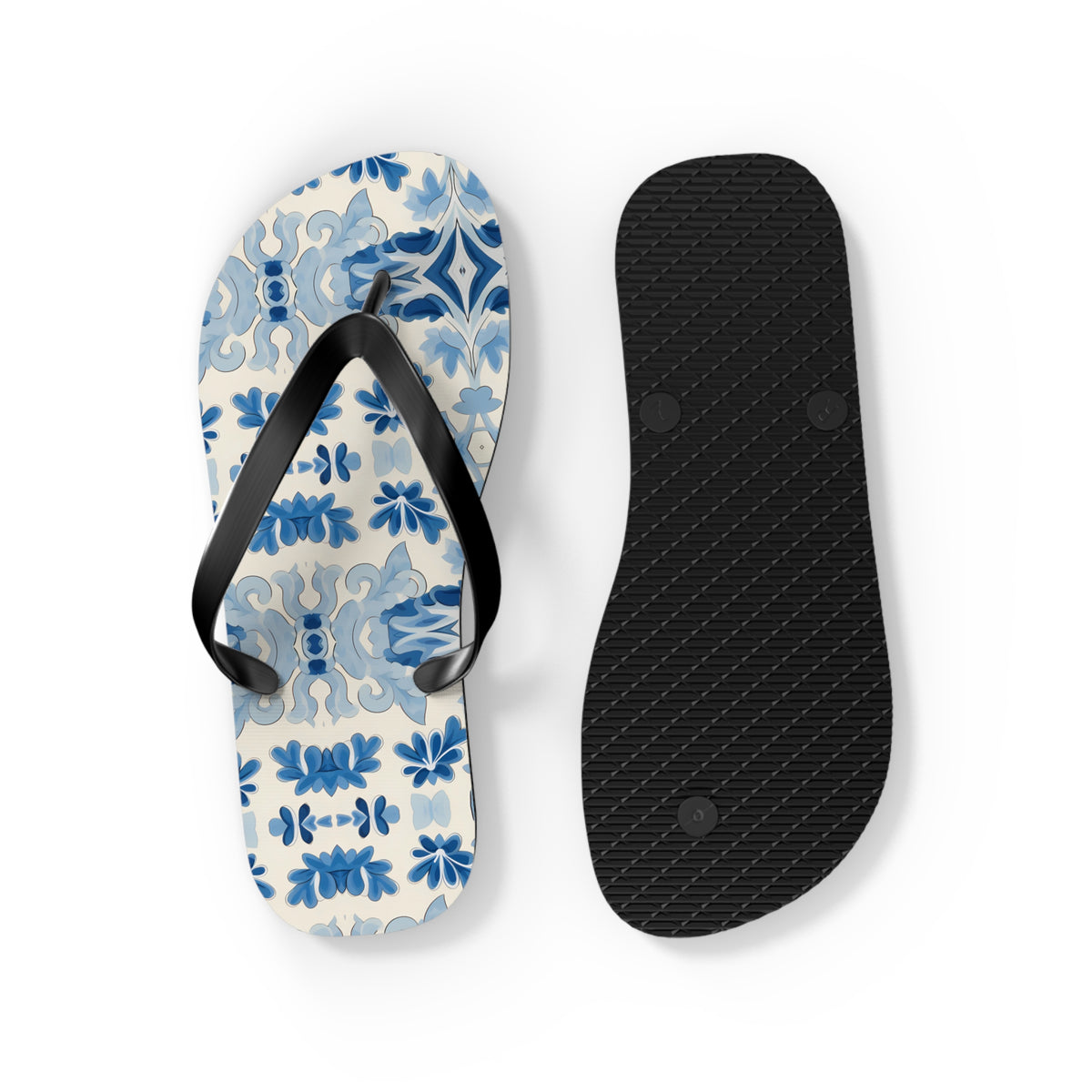 Blue Spanish Tile Flip Flops. 5/8" Thick Comfortable Summer or Winter Gym/Sauna Footwear for Men and Women.