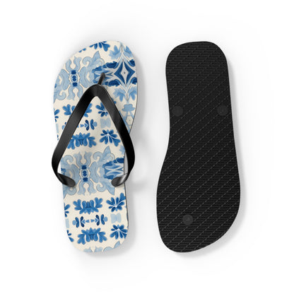 Blue Spanish Tile Flip Flops. 5/8" Thick Comfortable Summer or Winter Gym/Sauna Footwear for Men and Women.