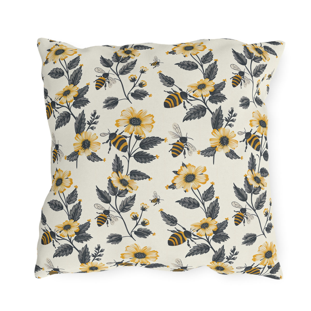 Buzzing Blossoms Square Outdoor Pillow - Spun Polyester - Double-Sided Print - UV-Resistant - Water-Resistant - Available in 3 sizes.