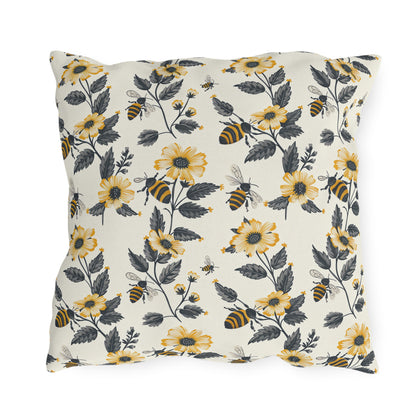 Buzzing Blossoms Square Outdoor Pillow - Spun Polyester - Double-Sided Print - UV-Resistant - Water-Resistant - Available in 3 sizes.