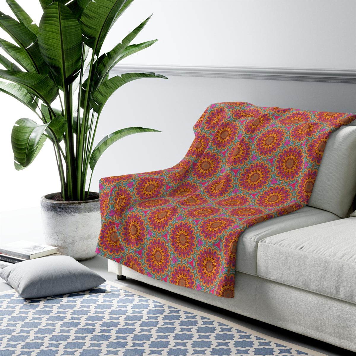 Bohemian Floral Medley Sherpa Fleece Blanket - Embrace Boho Chic with Every Snuggle! Available in 2 sizes.