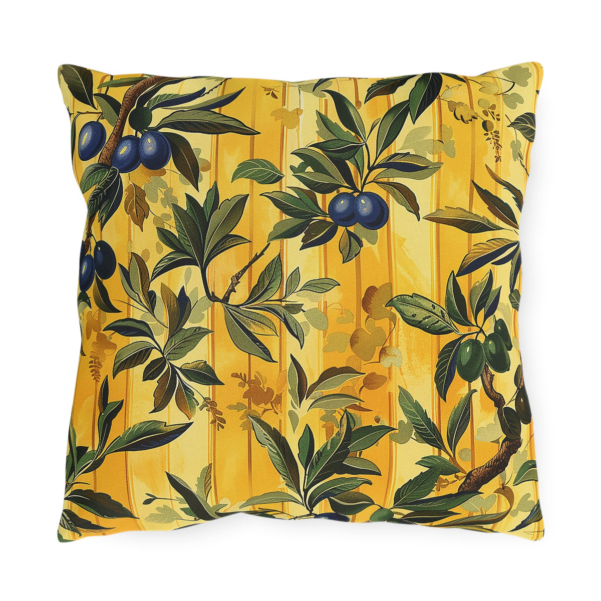Olives & Sunshine Delight Square Outdoor Pillow - Double-Sided Print - UV-Resistant - Water Resistant - Available in 3 sizes.