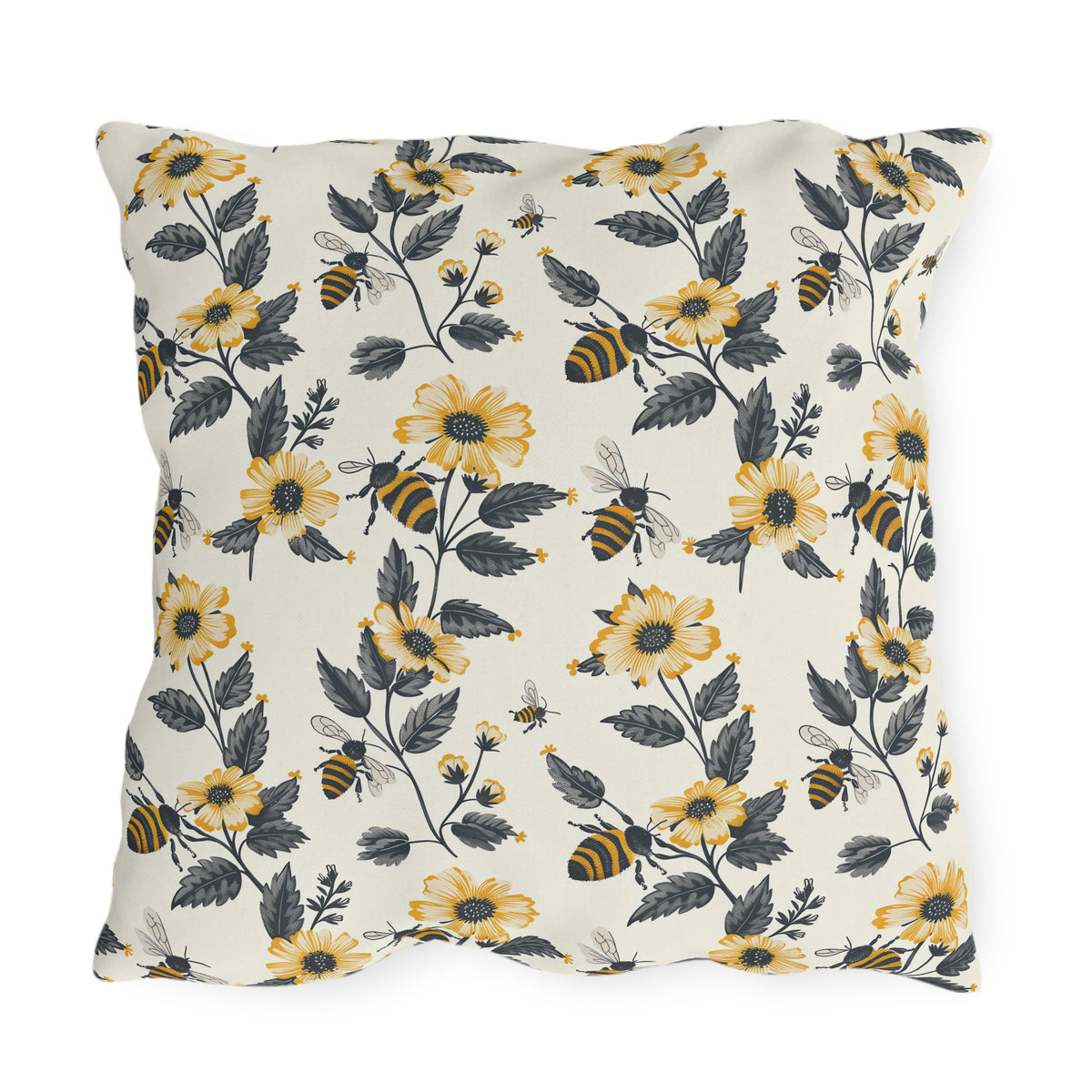 Buzzing Blossoms Square Outdoor Pillow - Spun Polyester - Double-Sided Print - UV-Resistant - Water-Resistant - Available in 3 sizes.
