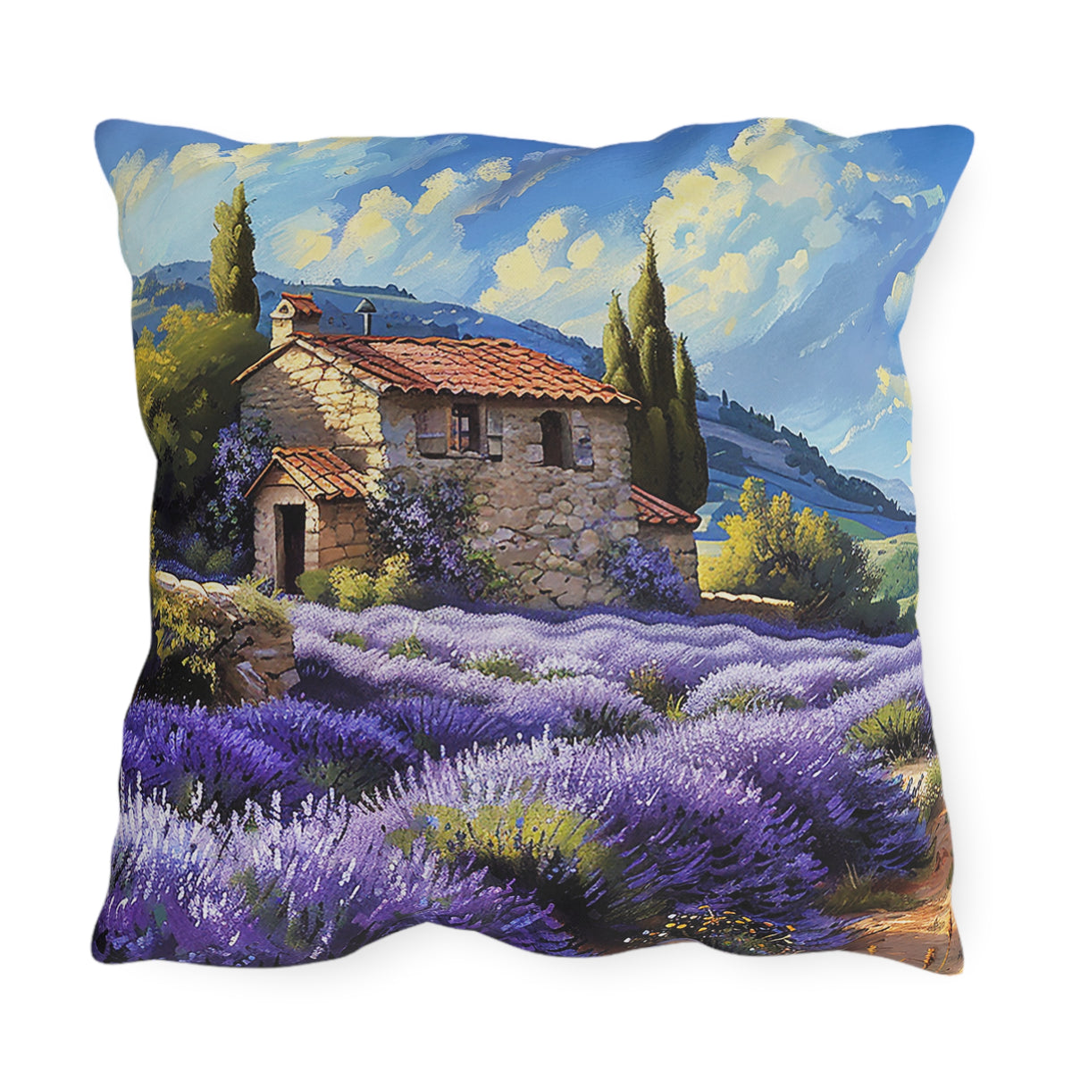 Tuscan Lavender Dreams Square Outdoor Pillow - Spun Polyester - Double-Sided Print - UV-Resistant - Water-Resistant - Available in 3 sizes.