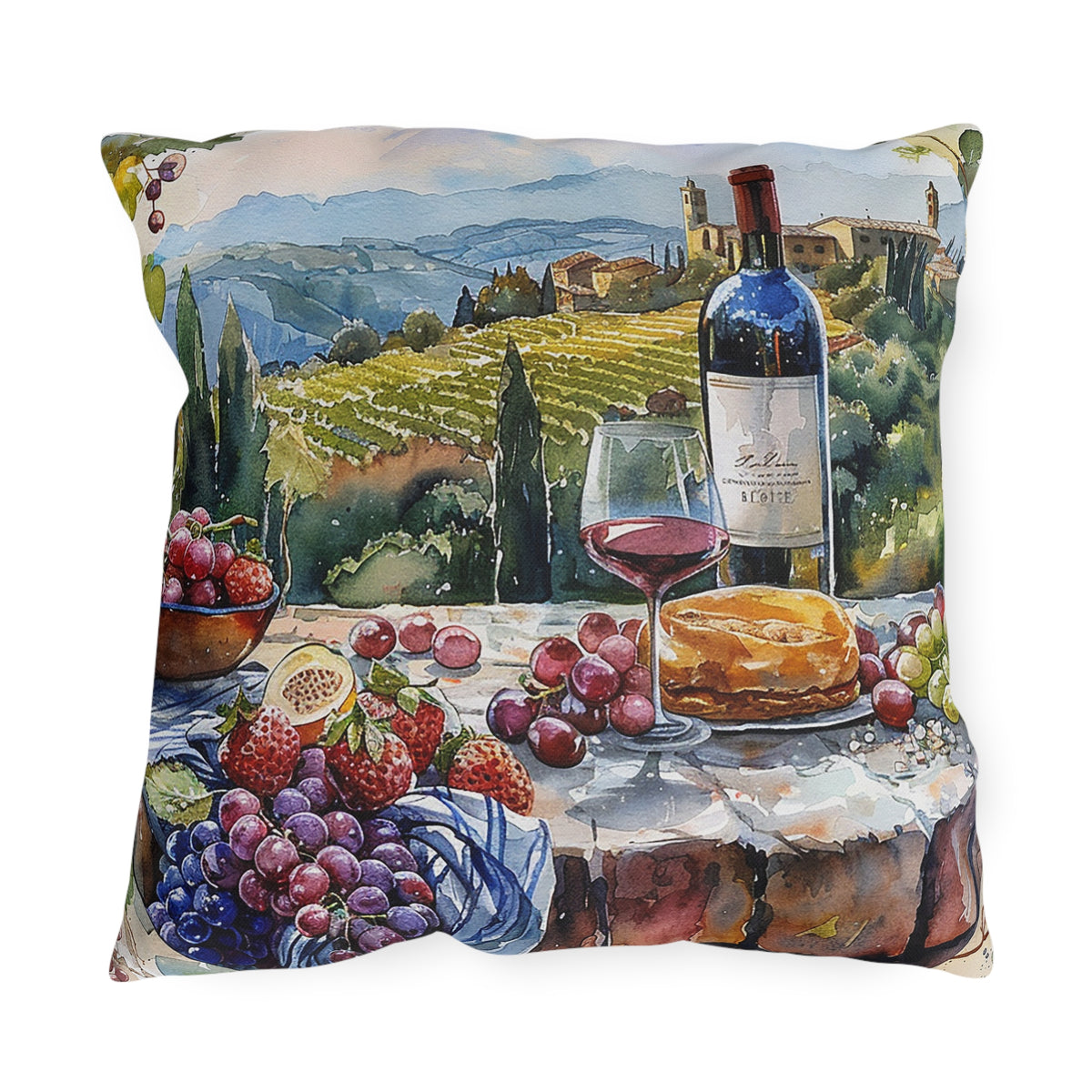 Tuscan Vineyard Vignette Square Outdoor Pillow - Spun Polyester - Double-Sided Print - UV-Resistant - Water-Resistant - Available in 3 sizes.