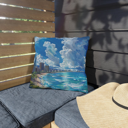 Waikiki Beach Square Outdoor Pillow - Spun Polyester - Double-Sided Print - UV-Resistant - Water-Resistant - Available in 3 sizes.