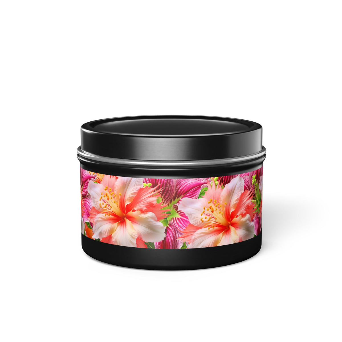 Tropical Hibiscus Bloom Tin Candle. Breathe in Paradise - Where Every Flame Dances with Floral Harmony. Available in 2 sizes, 3 finishes, and 5 scents.