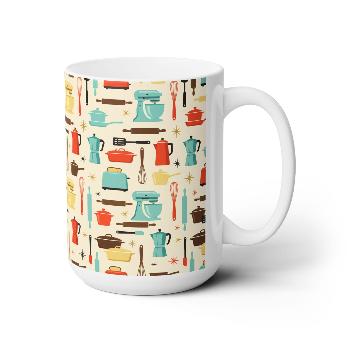 Midcentury Kitchen Tools Ceramic Mug - 15 oz - Art on Every Side, Morning Approved.