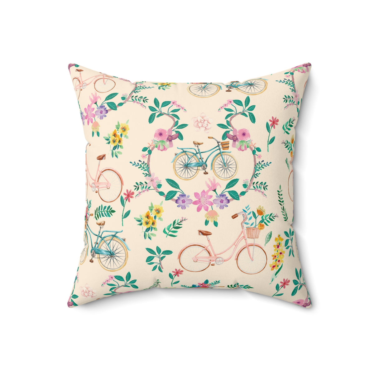 Spring Bicycle Square Throw Pillow - Spun Polyester - Double-Sided Print - Concealed Zipper - Available in 7 Sizes
