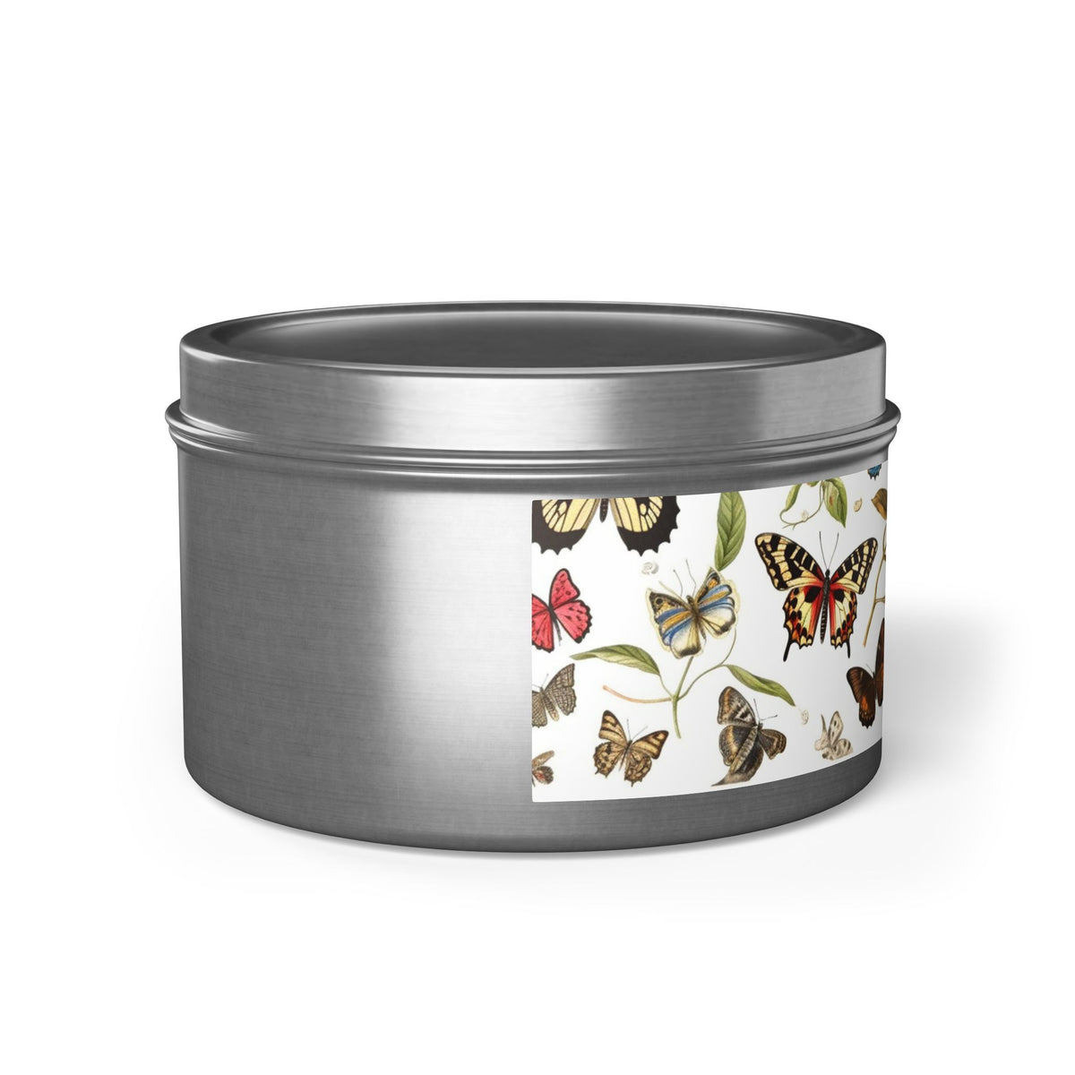 Botanical Butterflies Tin Candle. Flutter into Serenity with Botanical Butterflies. Available in 2 sizes, 3 finishes, and 5 scents.