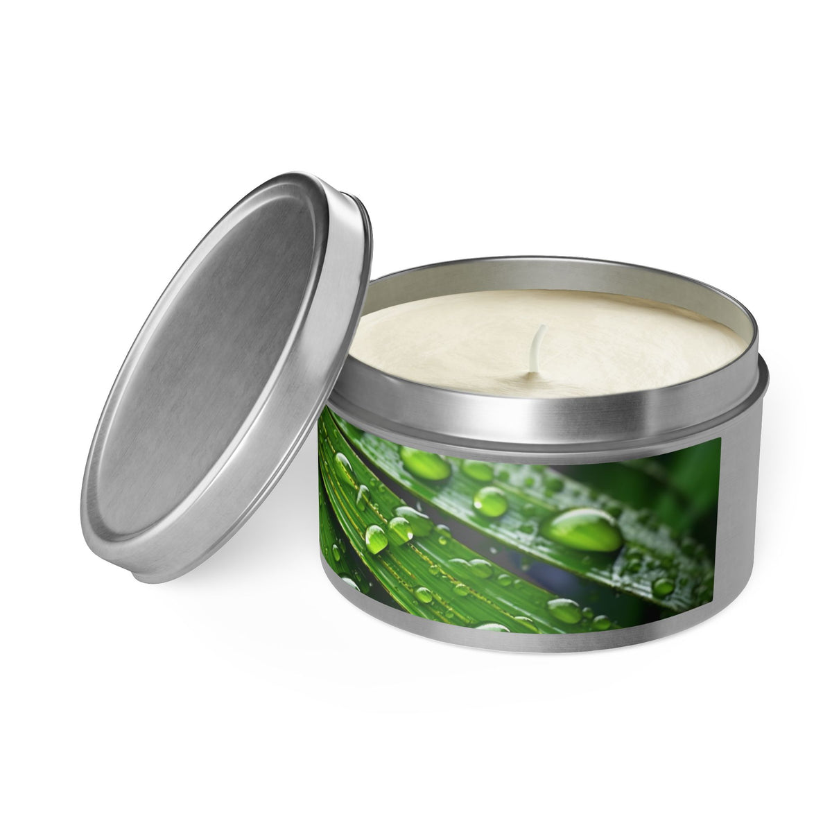 Tranquility Palm Tin Candle. Serenity in Every Spark - Embrace Nature's Calm. Available in 2 sizes, 3 finishes, and 5 scents.