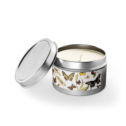 Botanical Butterflies Tin Candle. Flutter into Serenity with Botanical Butterflies. Available in 2 sizes, 3 finishes, and 5 scents.