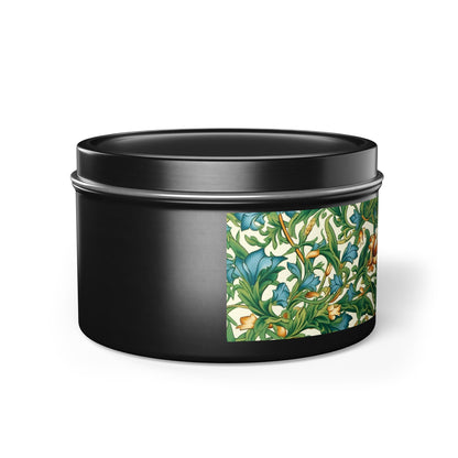 Medieval Meets Modern Vines Tin Candle. Light Up Your Space with Timeless Elegance! Available in 2 sizes, 3 finishes, and 5 scents.