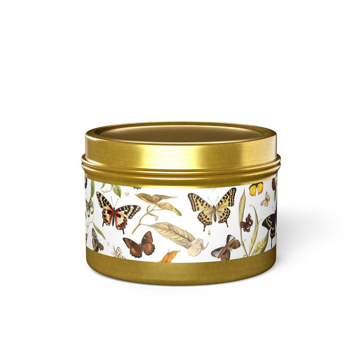 Botanical Butterflies Tin Candle. Flutter into Serenity with Botanical Butterflies. Available in 2 sizes, 3 finishes, and 5 scents.