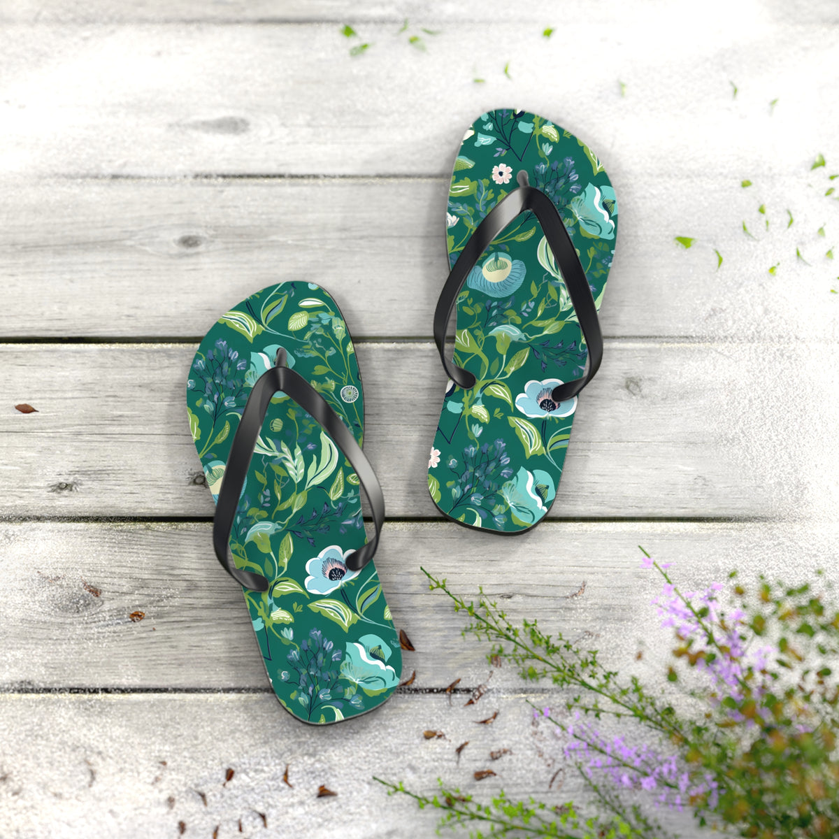 Serene Green Floral Flip Flops. 5/8" Thick Comfortable Summer Beach Footwear or Winter Gym/Sauna Footwear for Men and Women.