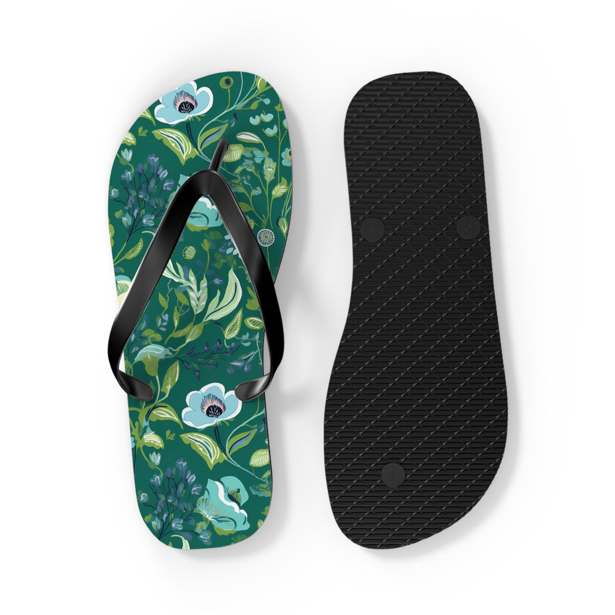 Serene Green Floral Flip Flops. 5/8" Thick Comfortable Summer Beach Footwear or Winter Gym/Sauna Footwear for Men and Women.