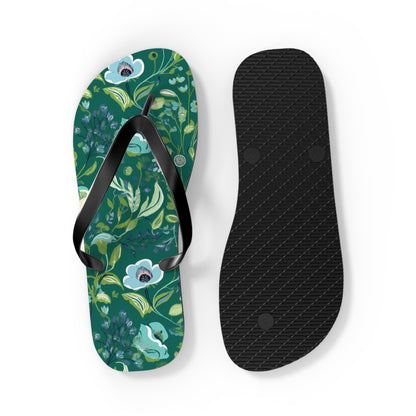 Serene Green Floral Flip Flops. 5/8" Thick Comfortable Summer Beach Footwear or Winter Gym/Sauna Footwear for Men and Women.