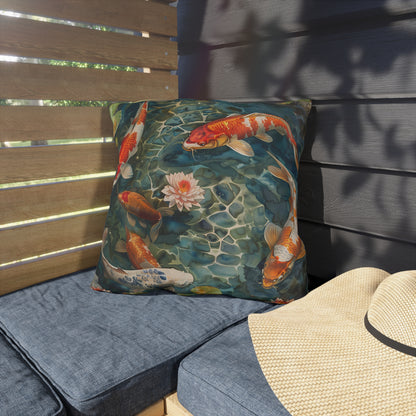 Tranquil Koi Oasis Square Outdoor Pillow - Spun Polyester - Double-Sided Print - UV-Resistant - Water-Resistant - Available in 3 sizes.