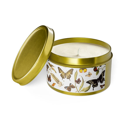 Botanical Butterflies Tin Candle. Flutter into Serenity with Botanical Butterflies. Available in 2 sizes, 3 finishes, and 5 scents.