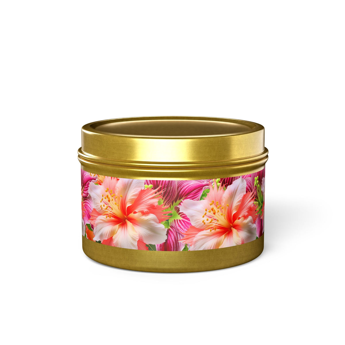 Tropical Hibiscus Bloom Tin Candle. Breathe in Paradise - Where Every Flame Dances with Floral Harmony. Available in 2 sizes, 3 finishes, and 5 scents.