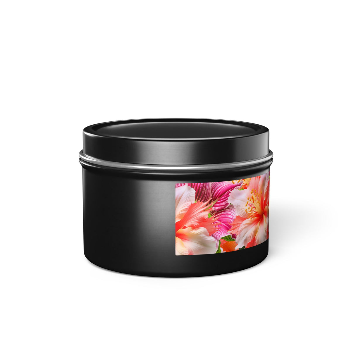 Tropical Hibiscus Bloom Tin Candle. Breathe in Paradise - Where Every Flame Dances with Floral Harmony. Available in 2 sizes, 3 finishes, and 5 scents.