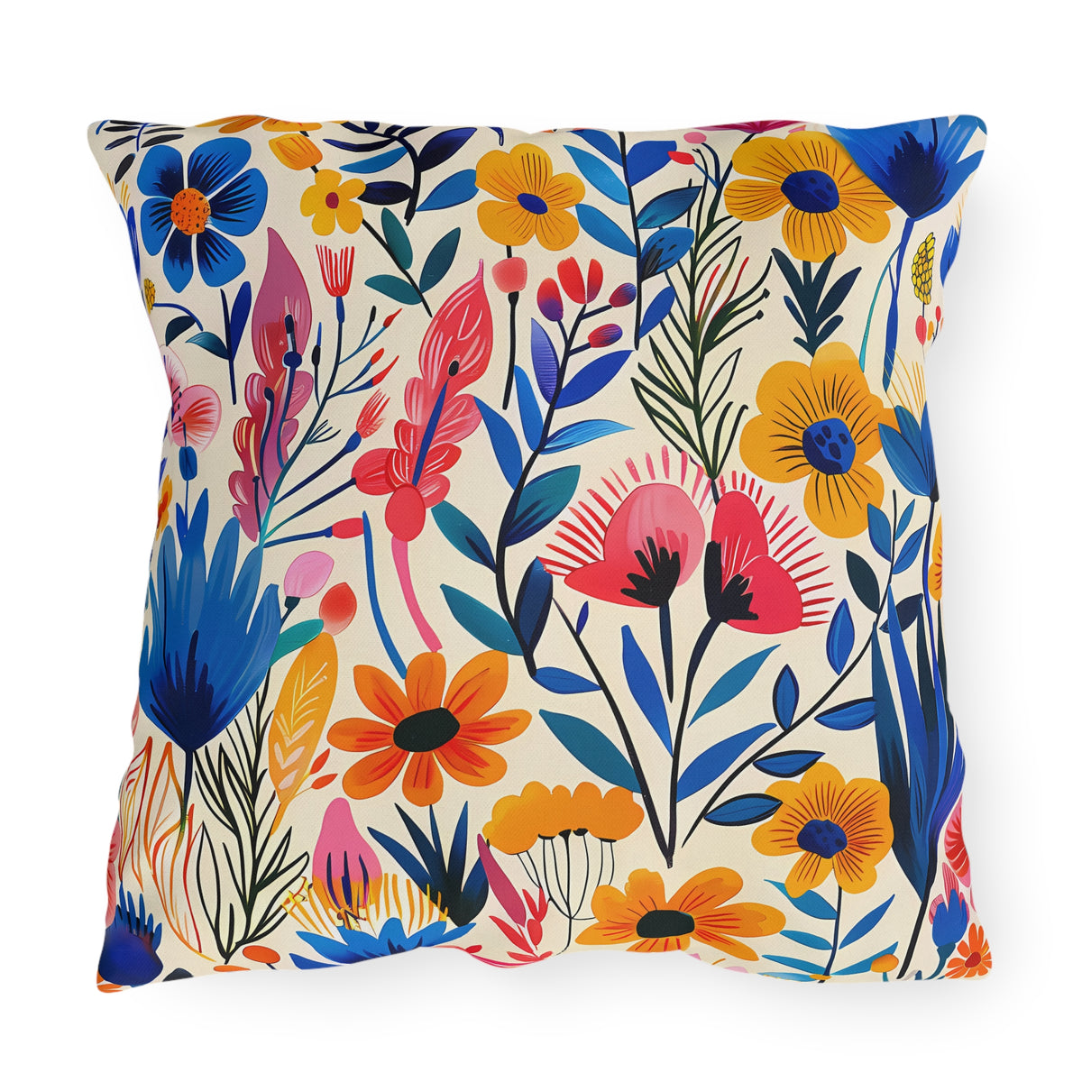 Happy Heartfelt Blooms Square Outdoor Pillow - Spun Polyester - Double-Sided Print - UV-Resistant - Water-Resistant - Available in 3 sizes.