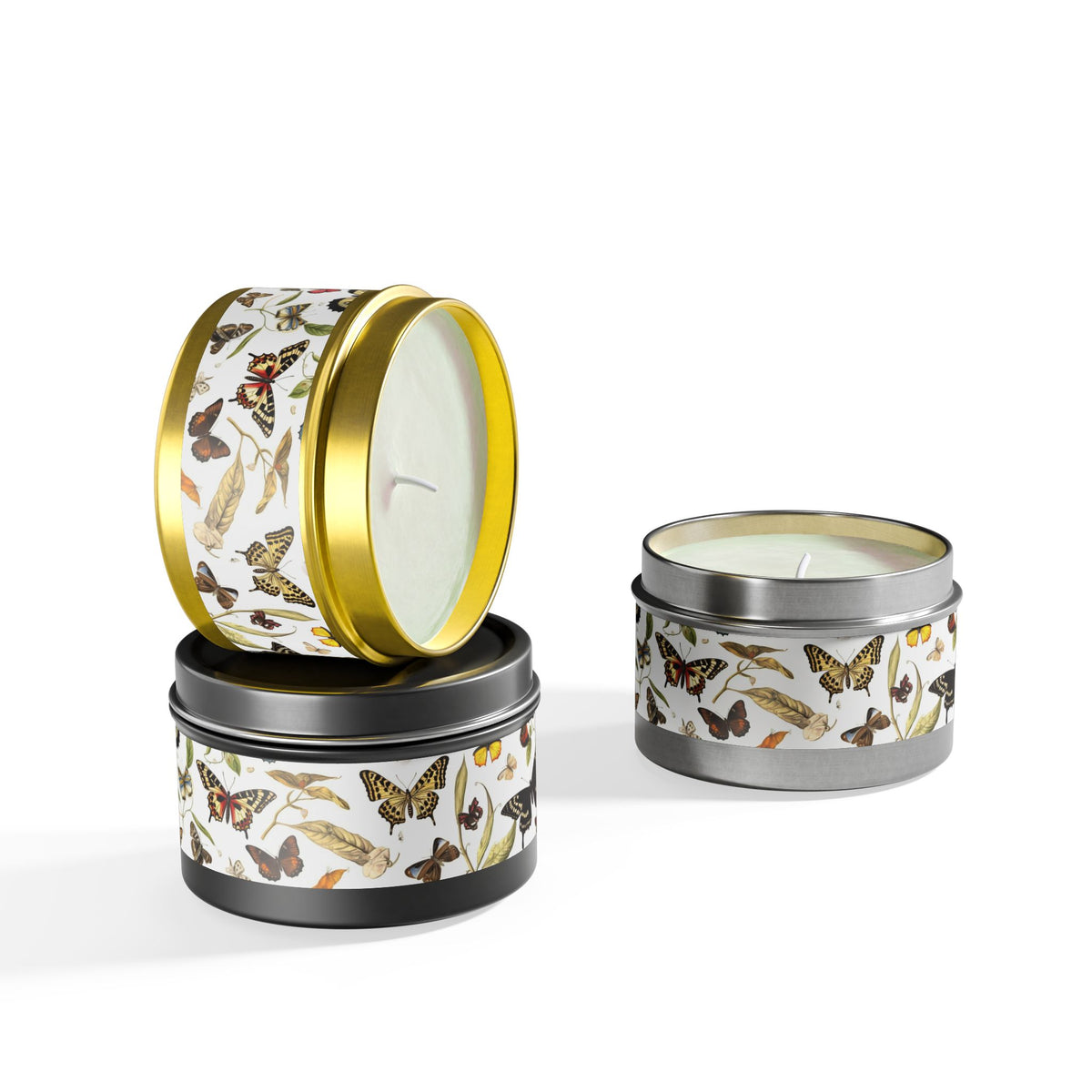Botanical Butterflies Tin Candle. Flutter into Serenity with Botanical Butterflies. Available in 2 sizes, 3 finishes, and 5 scents.