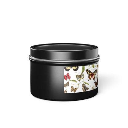 Botanical Butterflies Tin Candle. Flutter into Serenity with Botanical Butterflies. Available in 2 sizes, 3 finishes, and 5 scents.