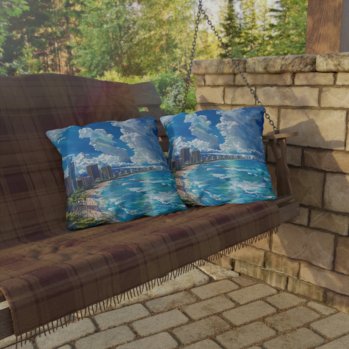Waikiki Beach Square Outdoor Pillow - Spun Polyester - Double-Sided Print - UV-Resistant - Water-Resistant - Available in 3 sizes.