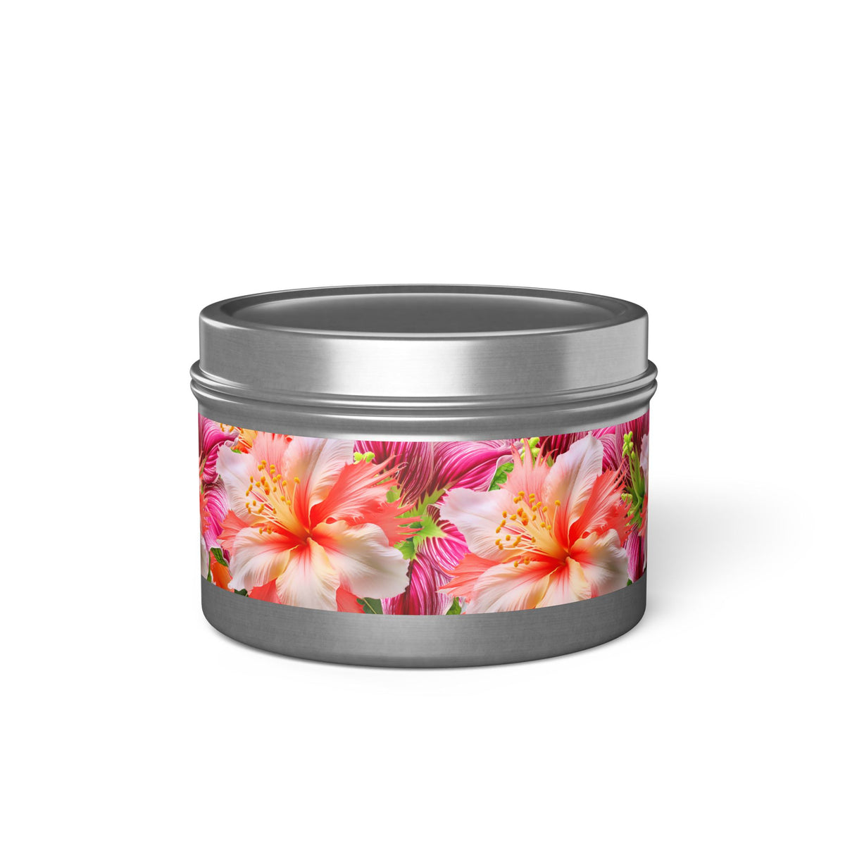 Tropical Hibiscus Bloom Tin Candle. Breathe in Paradise - Where Every Flame Dances with Floral Harmony. Available in 2 sizes, 3 finishes, and 5 scents.