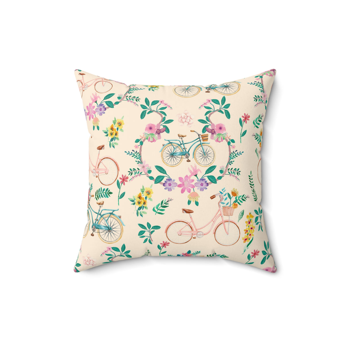 Spring Bicycle Square Throw Pillow - Spun Polyester - Double-Sided Print - Concealed Zipper - Available in 7 Sizes