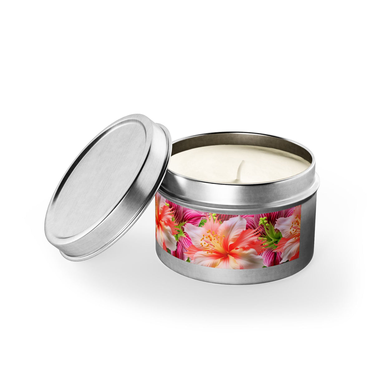 Tropical Hibiscus Bloom Tin Candle. Breathe in Paradise - Where Every Flame Dances with Floral Harmony. Available in 2 sizes, 3 finishes, and 5 scents.