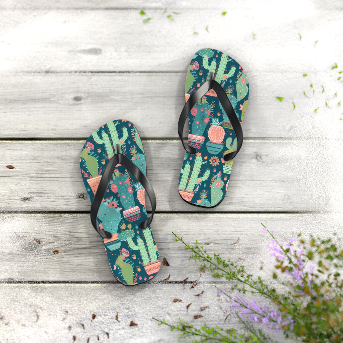 Cactus Cacophany Flip Flops. 5/8" Thick Comfortable Summer or Winter Gym/Sauna Footwear for Men and Women. Bring Fun Cactus-inspired Artwork into Your Life!