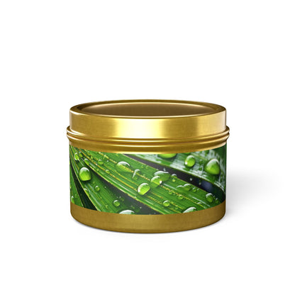 Tranquility Palm Tin Candle. Serenity in Every Spark - Embrace Nature's Calm. Available in 2 sizes, 3 finishes, and 5 scents.