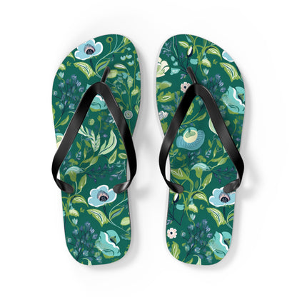Serene Green Floral Flip Flops. 5/8" Thick Comfortable Summer Beach Footwear or Winter Gym/Sauna Footwear for Men and Women.