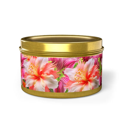 Tropical Hibiscus Bloom Tin Candle. Breathe in Paradise - Where Every Flame Dances with Floral Harmony. Available in 2 sizes, 3 finishes, and 5 scents.