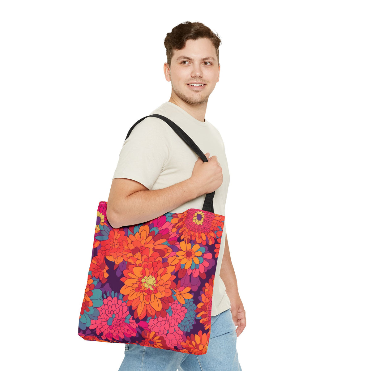 On Fire Flower Power Tote Bag - Bring Electrifying 60s Groovy Flowers on Your Next Adventure! Available in 3 sizes.