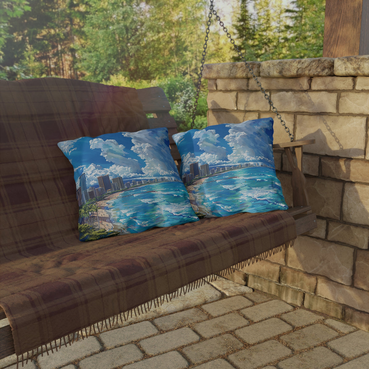 Waikiki Beach Square Outdoor Pillow - Spun Polyester - Double-Sided Print - UV-Resistant - Water-Resistant - Available in 3 sizes.