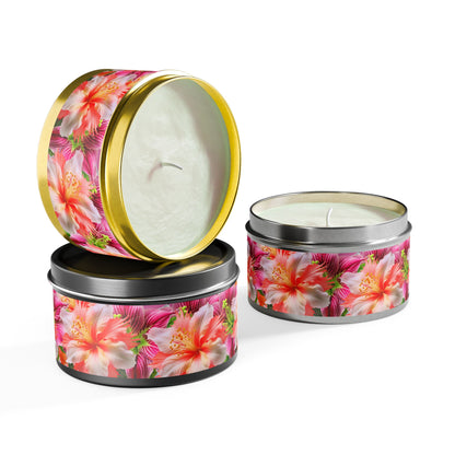 Tropical Hibiscus Bloom Tin Candle. Breathe in Paradise - Where Every Flame Dances with Floral Harmony. Available in 2 sizes, 3 finishes, and 5 scents.