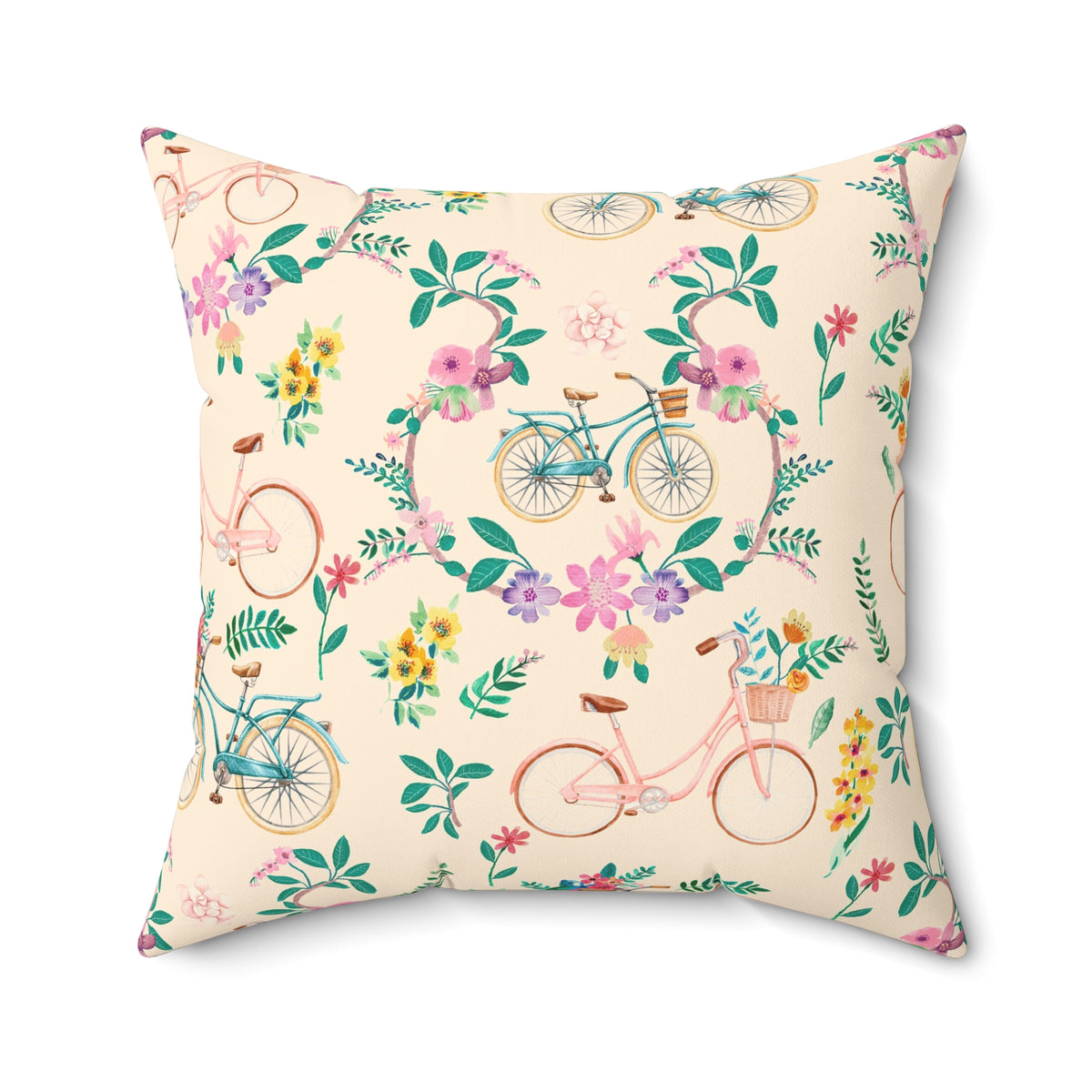 Spring Bicycle Square Throw Pillow - Spun Polyester - Double-Sided Print - Concealed Zipper - Available in 7 Sizes