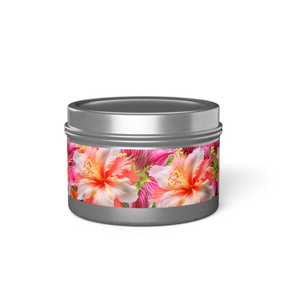 Tropical Hibiscus Bloom Tin Candle. Breathe in Paradise - Where Every Flame Dances with Floral Harmony. Available in 2 sizes, 3 finishes, and 5 scents.