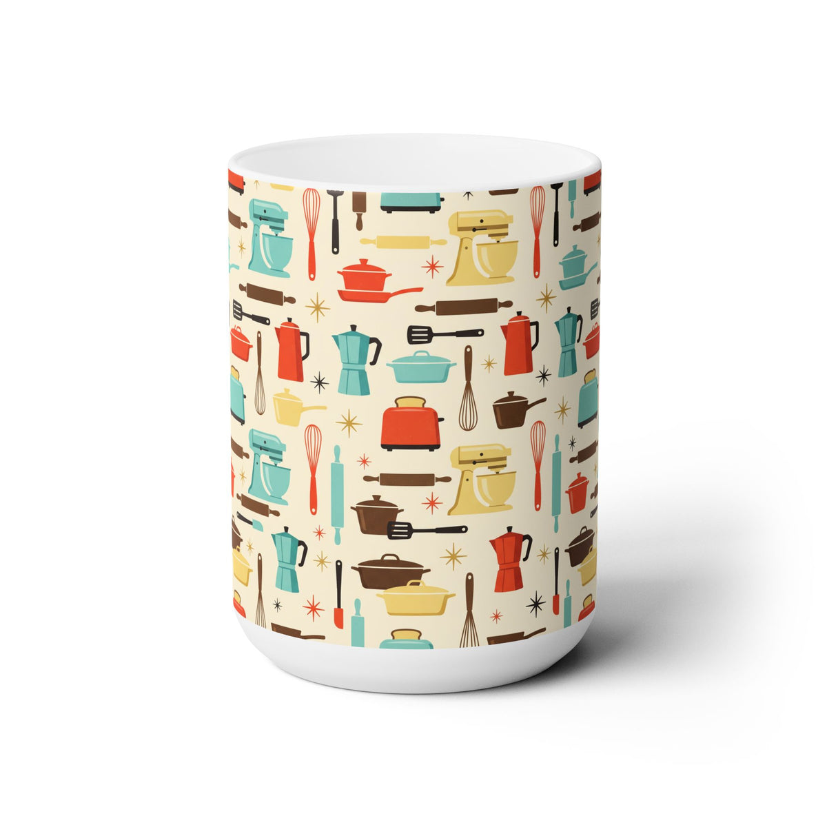 Midcentury Kitchen Tools Ceramic Mug - 15 oz - Art on Every Side, Morning Approved.