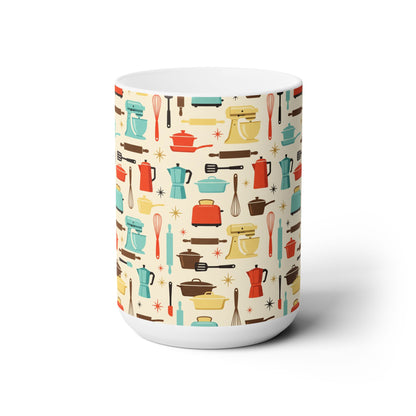 Midcentury Kitchen Tools Ceramic Mug - 15 oz - Art on Every Side, Morning Approved.